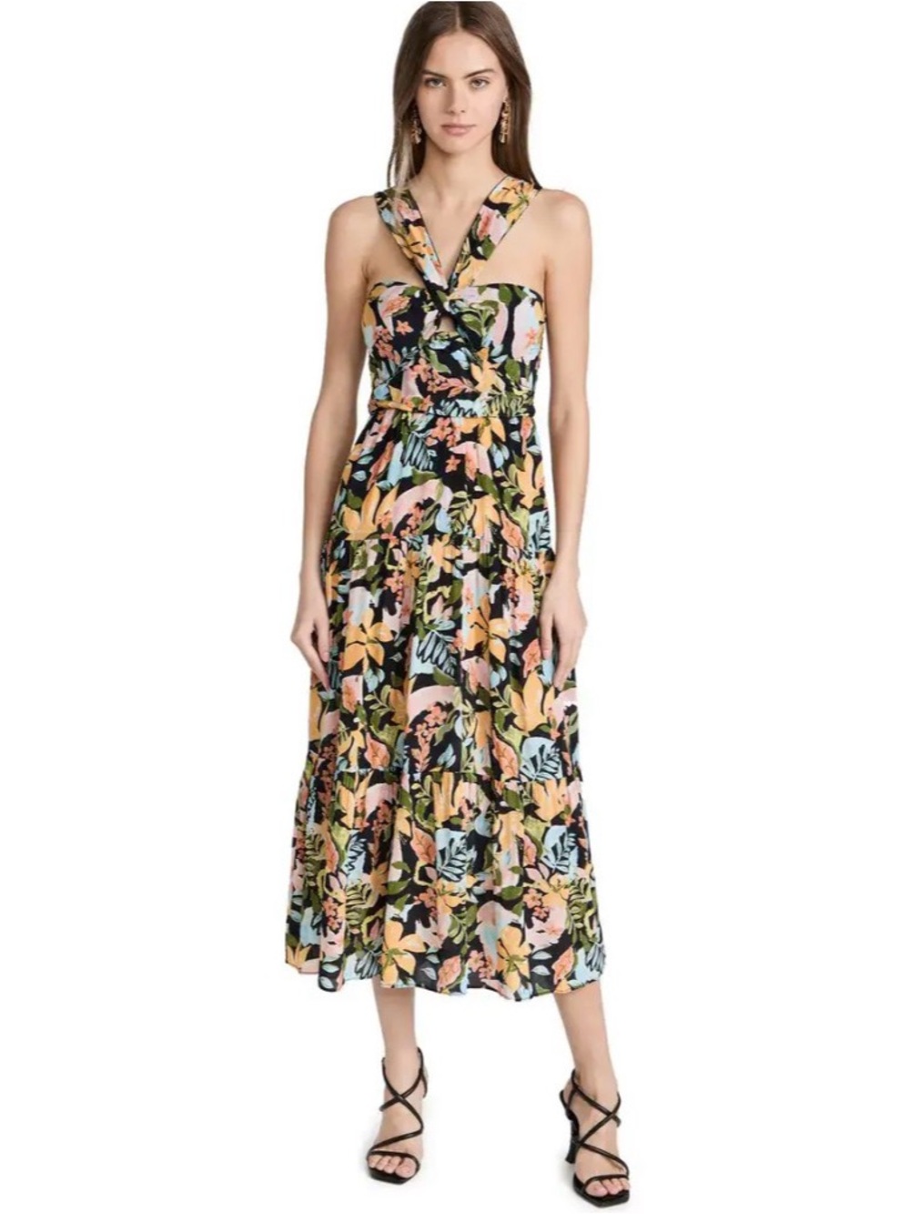Floral Twist-Strap Midi Dress - Black Multi